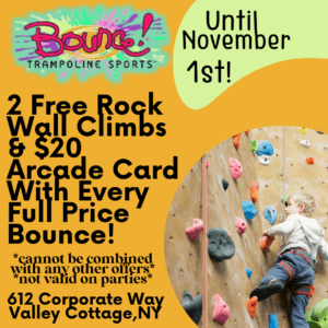 until november 1st, get 2 free rock climbs and a $20 arcade card with every full price bounce